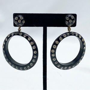 Vintage Black Acrylic Rhinestone Circle Clip On Earrings